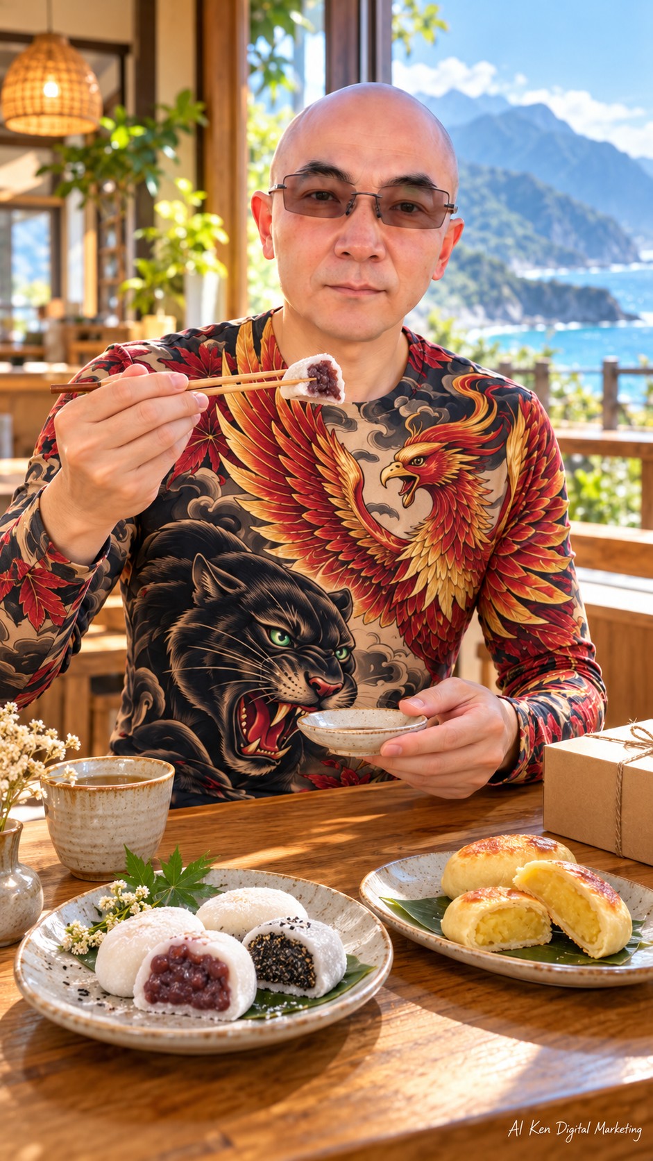 AI-generated Hualien tasting scene with filled mochi and sweet potato pastries
