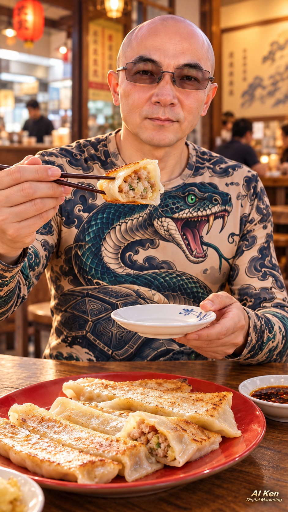 Taiwanese potstickers with golden crispy bottoms and a visible filling cross-section, presented with AI Ken