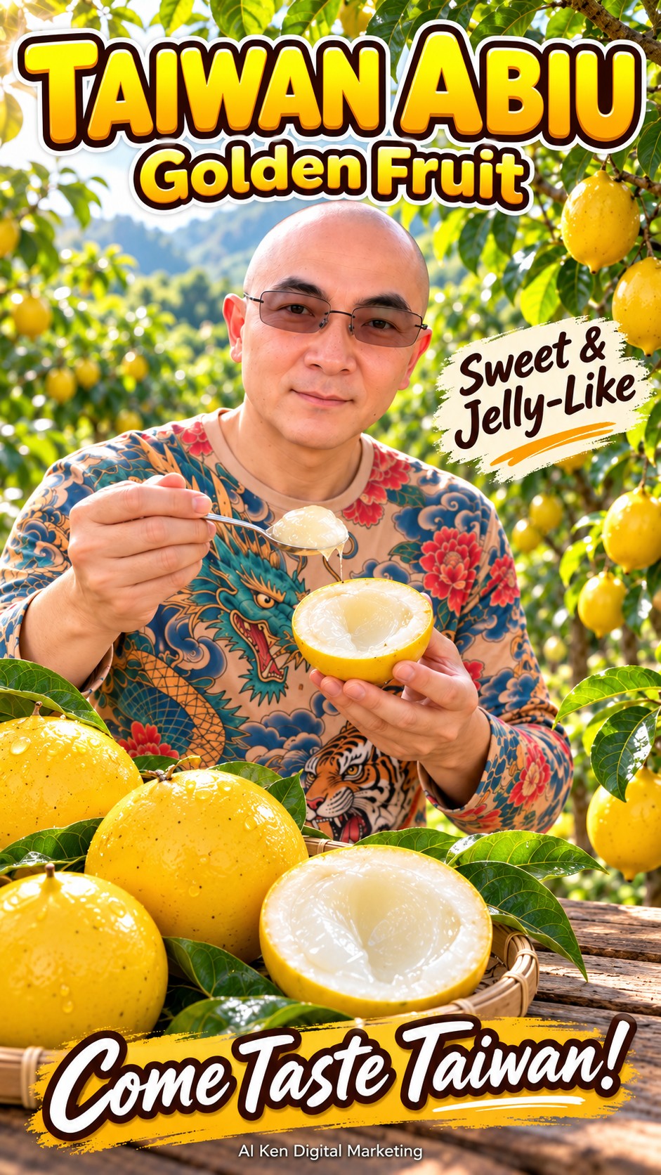 Taiwan abiu golden fruit with translucent white flesh, served with a spoon
