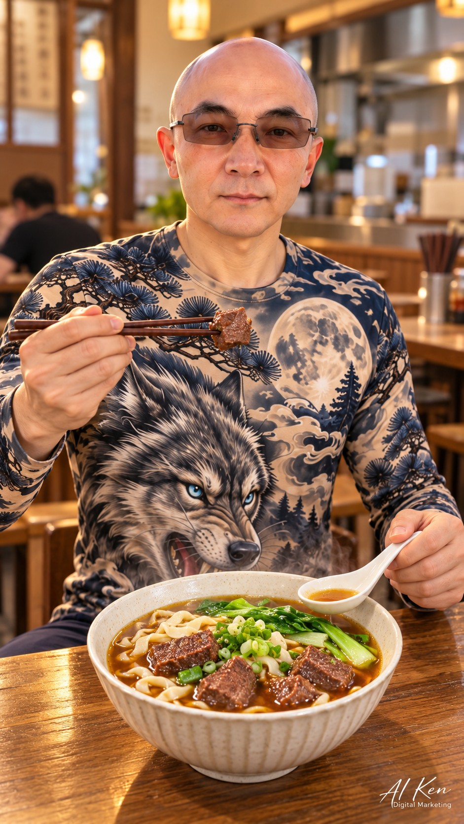 Close-up of Taiwanese red-braised beef noodle soup with beef chunks, wheat noodles and greens