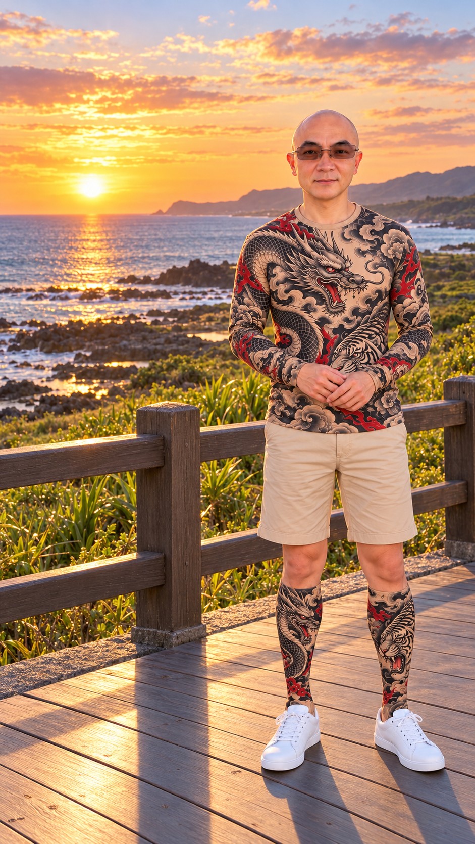 AI-generated Kenting sunset scene with ocean views and a presenter on a coastal boardwalk