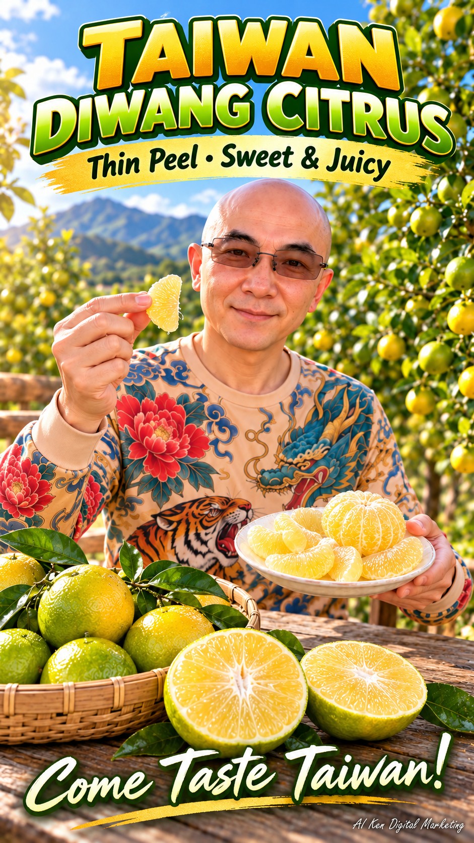 Taiwan Diwang Citrus thumbnail featuring AI Ken, green and golden citrus fruit, and peeled pale golden segments