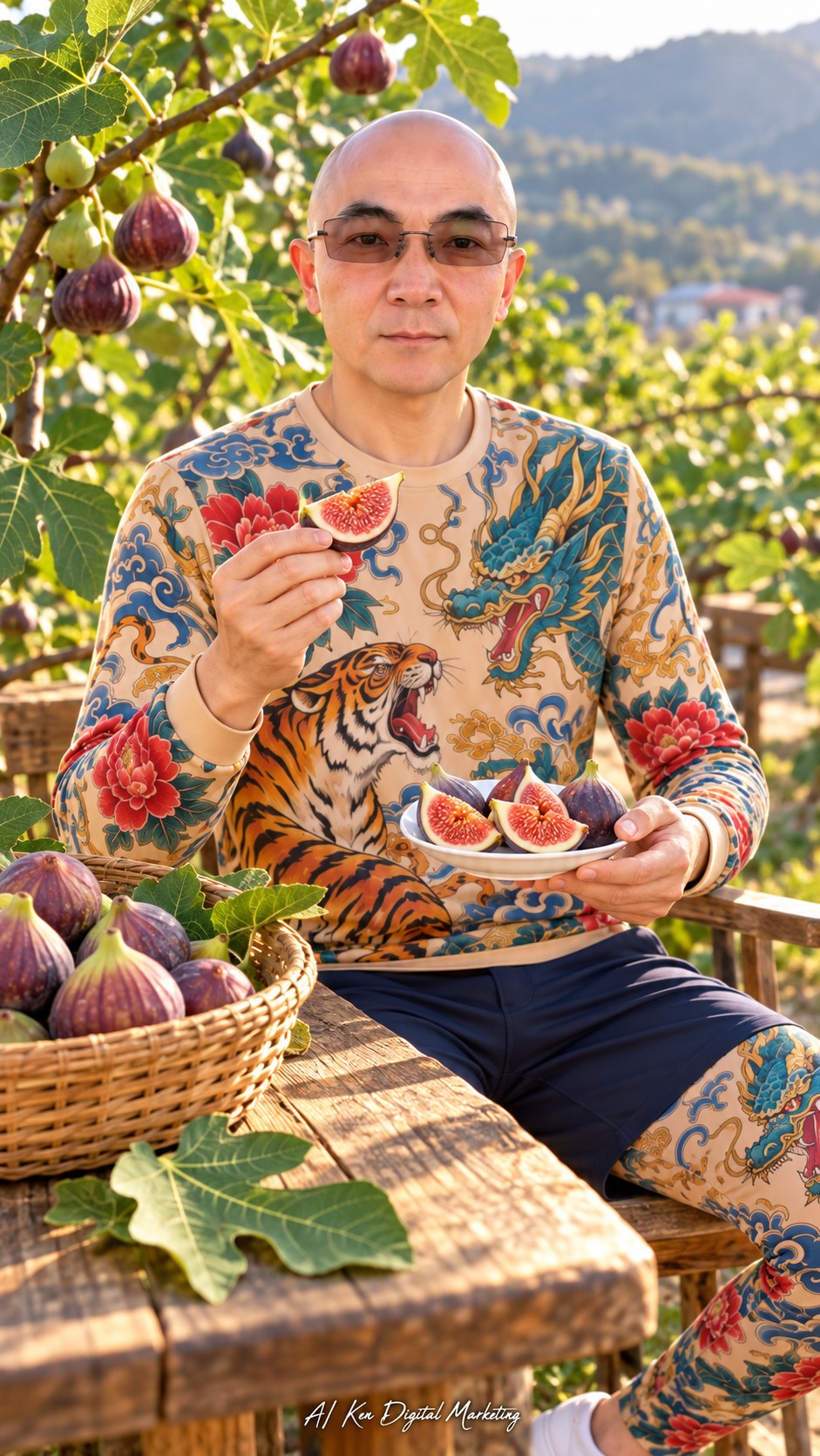 AI Ken holding a ready-to-eat fresh fig wedge with edible skin and a plate of cut figs