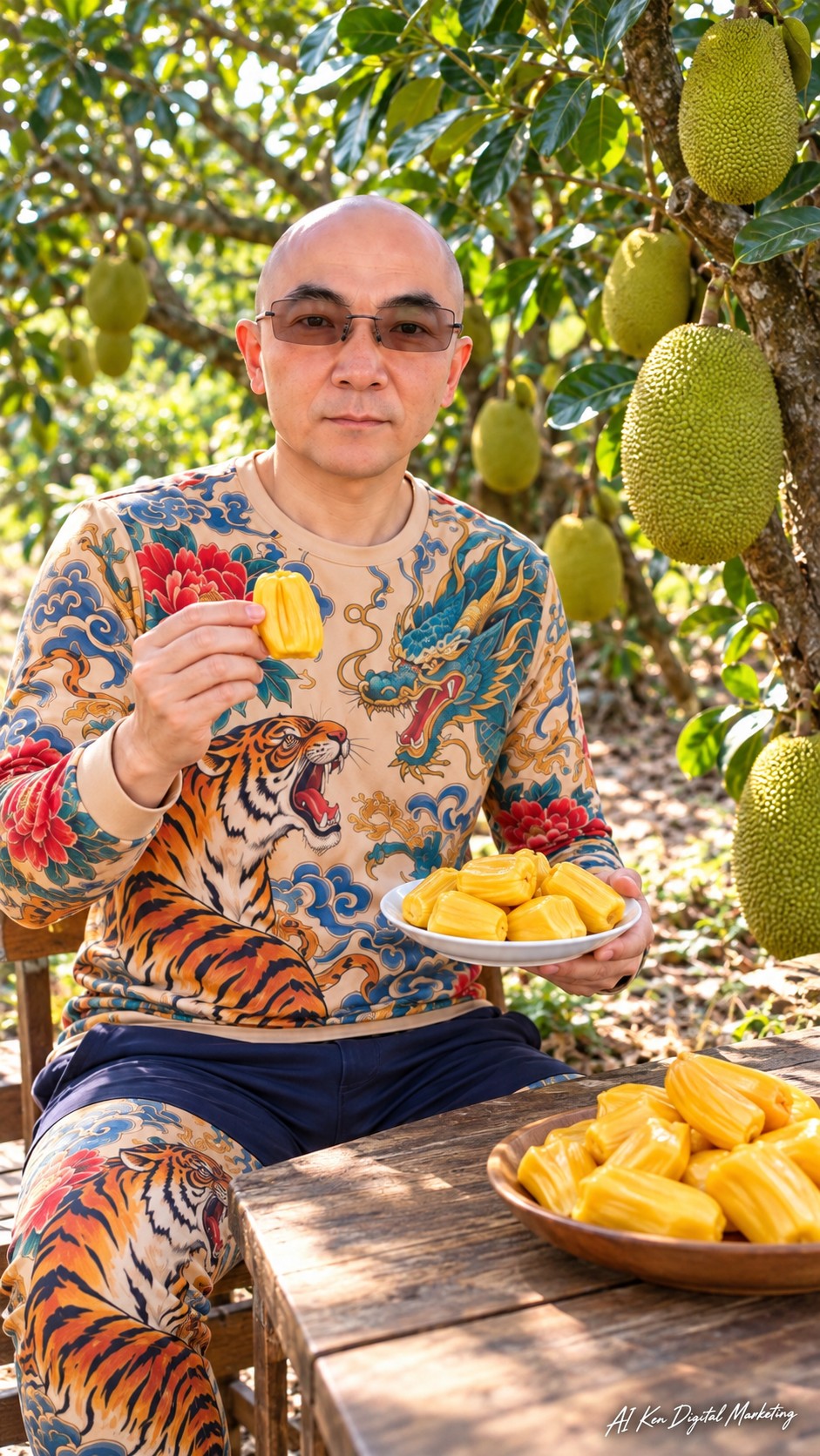 AI Ken holding prepared yellow jackfruit flesh with a plate of peeled fruit bulbs