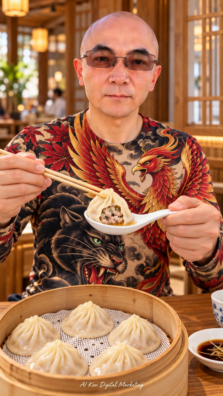 Xiaolongbao soup dumplings in a bamboo steamer with a close-up of the filling and broth