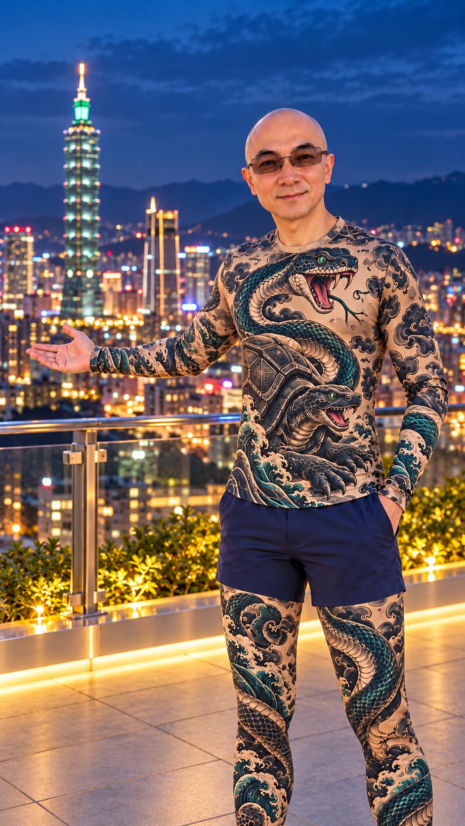 AI Ken welcoming travelers with Taipei 101 and city lights in the background