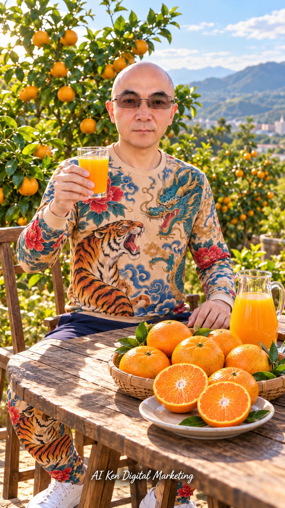 AI Ken holding a glass of Murcott citrus juice beside whole and halved fruit