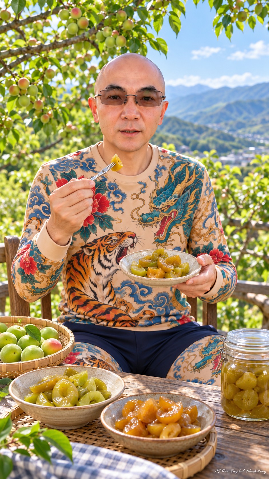 AI Ken presenting prepared pitted ume pieces with bowls of green and amber preserved ume