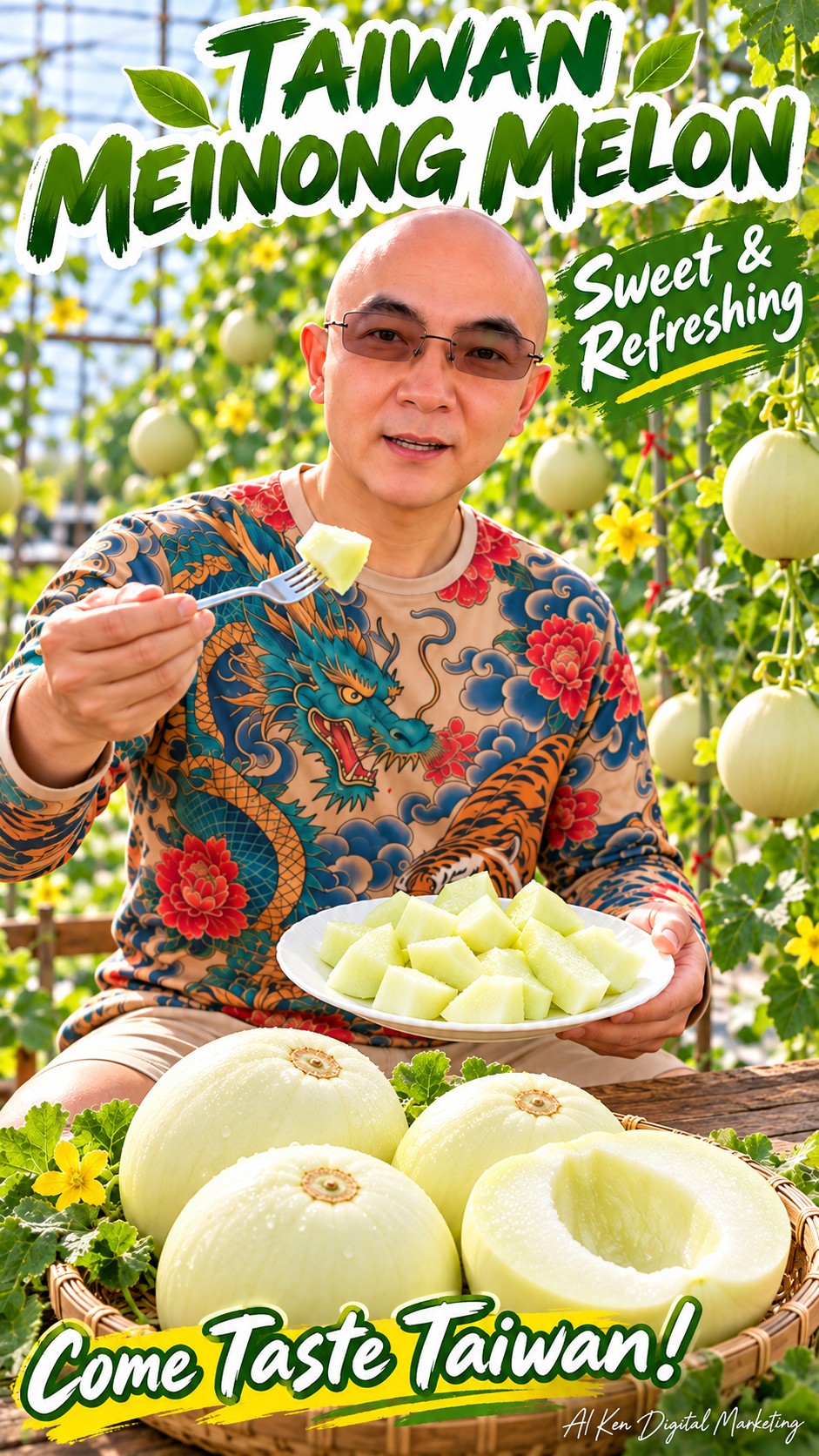 Taiwan Meinong melon with smooth pale skin and peeled fruit pieces ready for tasting