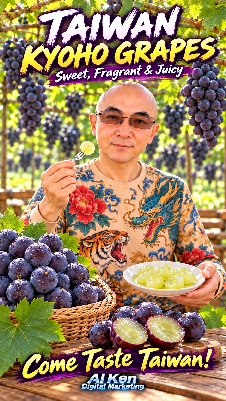 Taiwan Kyoho grapes with purple-black skin and peeled grape flesh ready for tasting