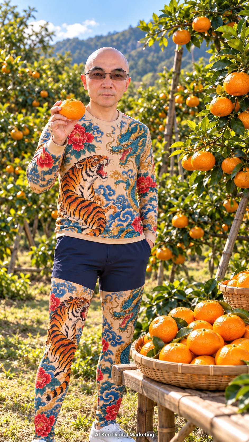 AI Ken holding a whole Murcott tangor beside fruiting citrus trees