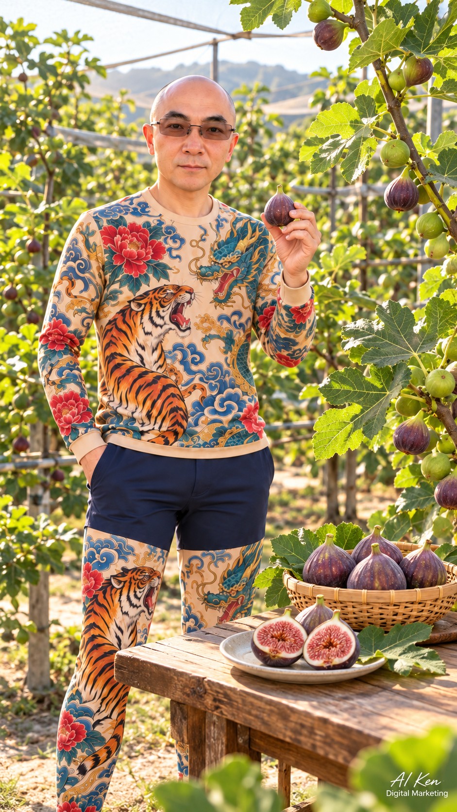 AI Ken introducing whole fresh figs beside fig trees in an illustrative protected orchard