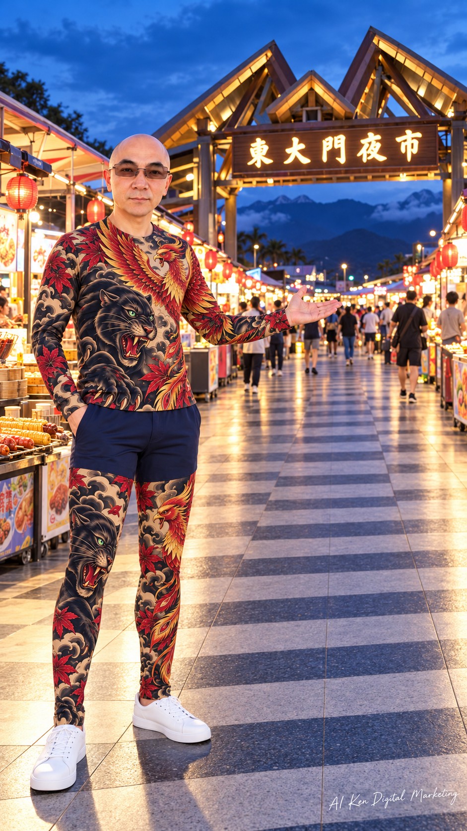 AI-generated Dongdamen Night Market entrance scene with illuminated stalls and a presenter
