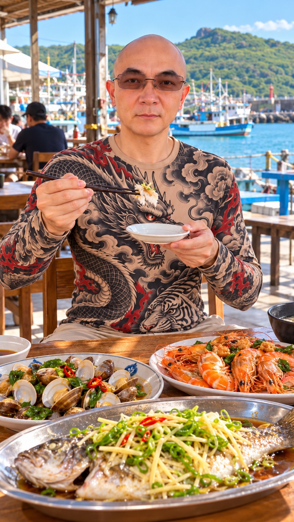 AI-generated Houbihu seafood dining scene with steamed fish, prawns and clams