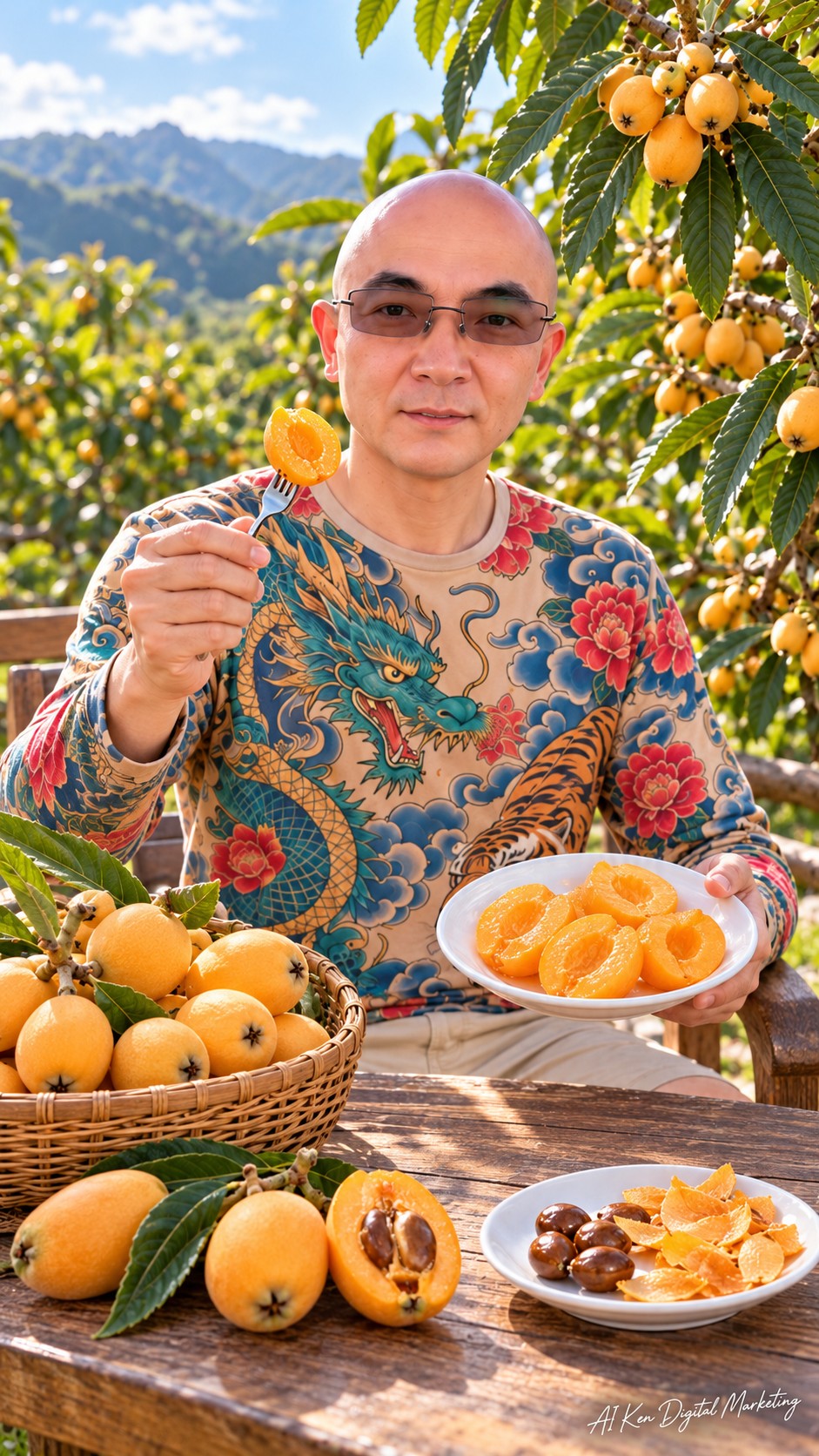 AI Ken holding peeled seed-free loquat flesh on a fork beside a plate of prepared halves, with whole fruit and removed seeds on the table