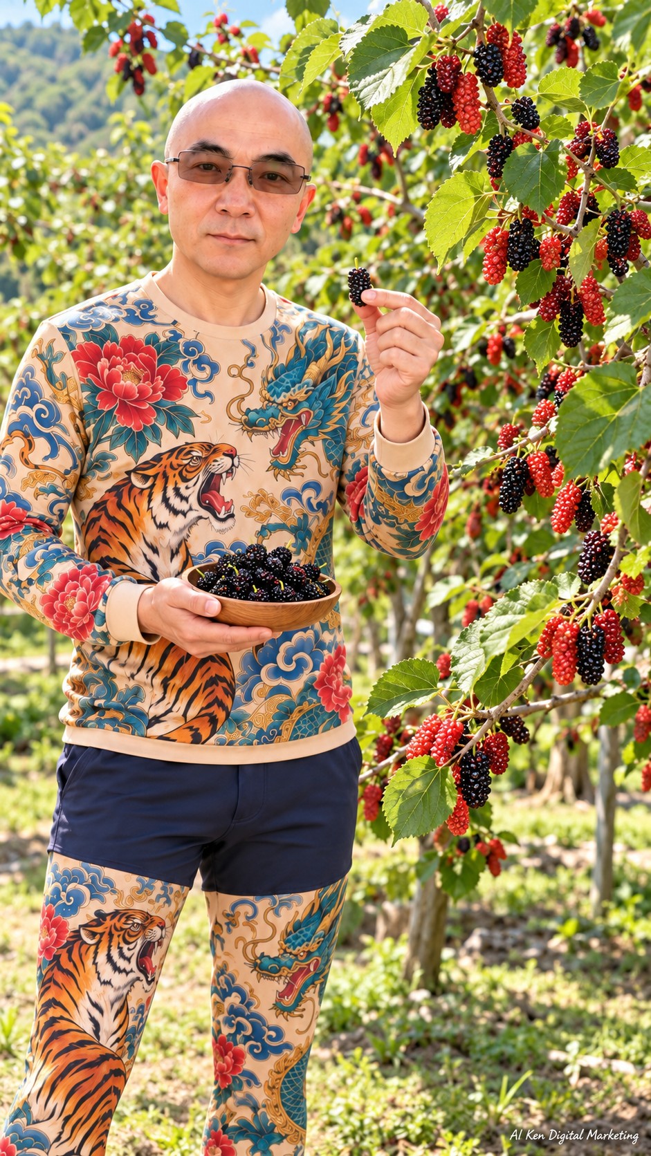 AI Ken introducing ripe dark mulberries beside a fruiting mulberry tree
