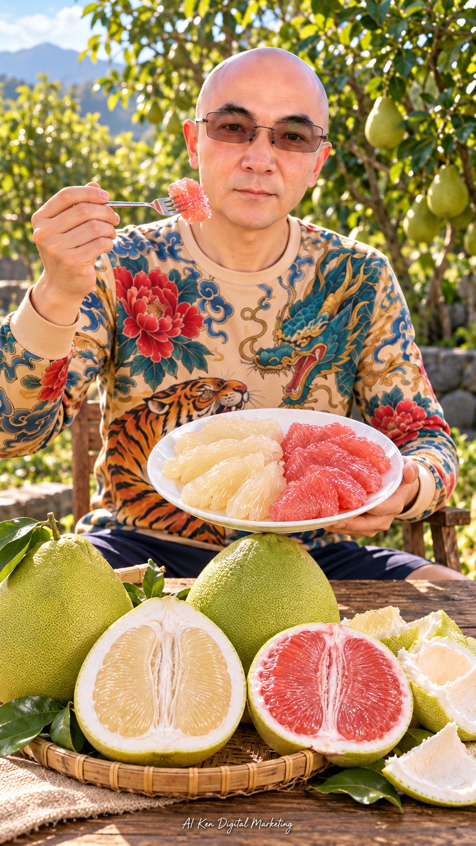 AI Ken tasting prepared Wendan pomelo flesh with white and red portions on a plate