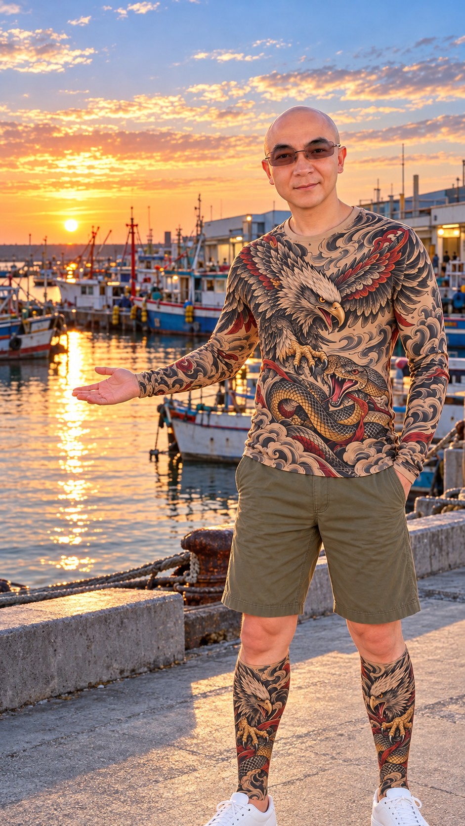 AI Ken welcoming visitors beside fishing boats and golden sunset reflections in a Wuqi Fishing Harbor travel scene