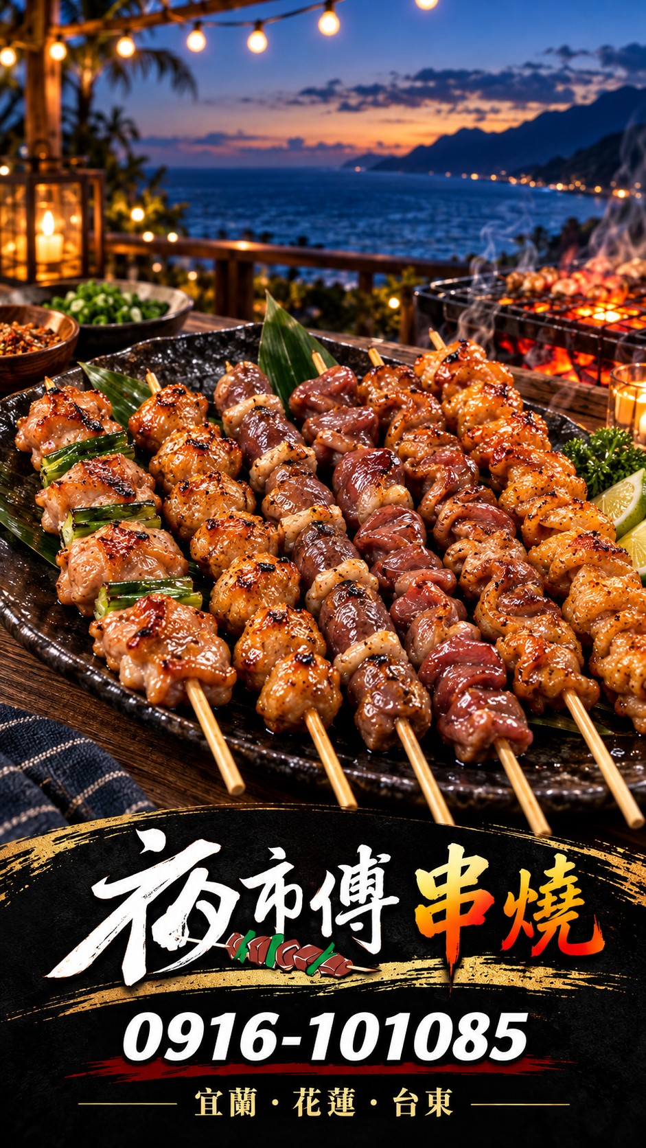 夜市傅串燒食材展示，宜蘭花蓮台東烤肉串批發