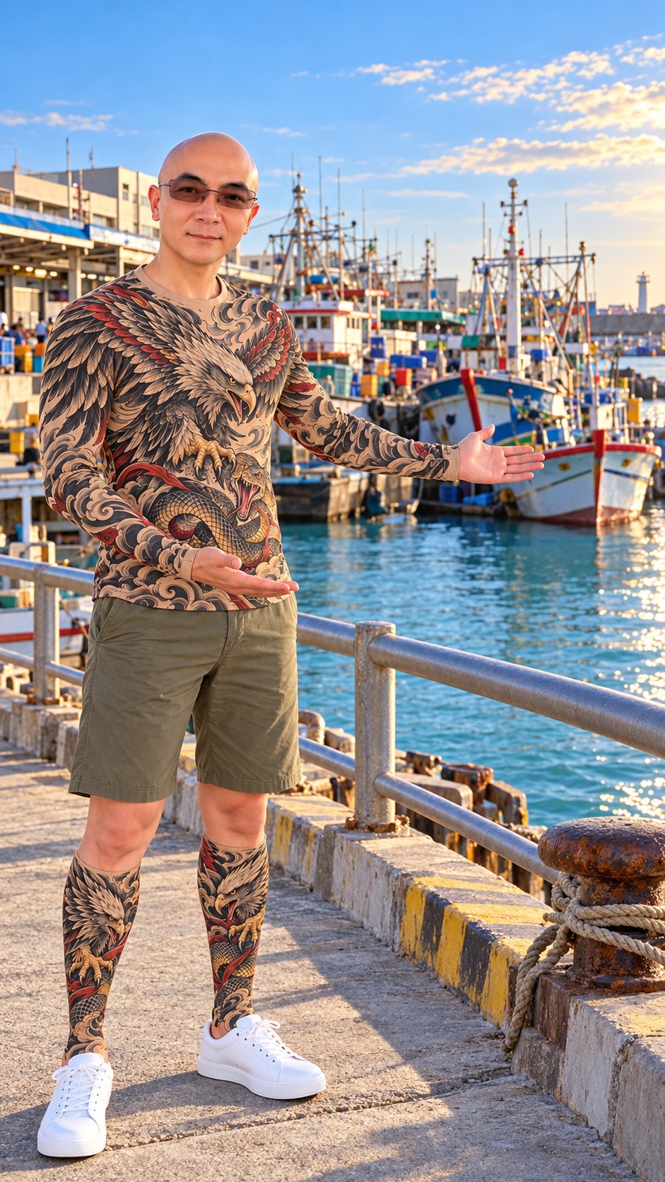 AI Ken presenting fishing boats and waterfront scenery in a Wuqi Fishing Harbor travel scene