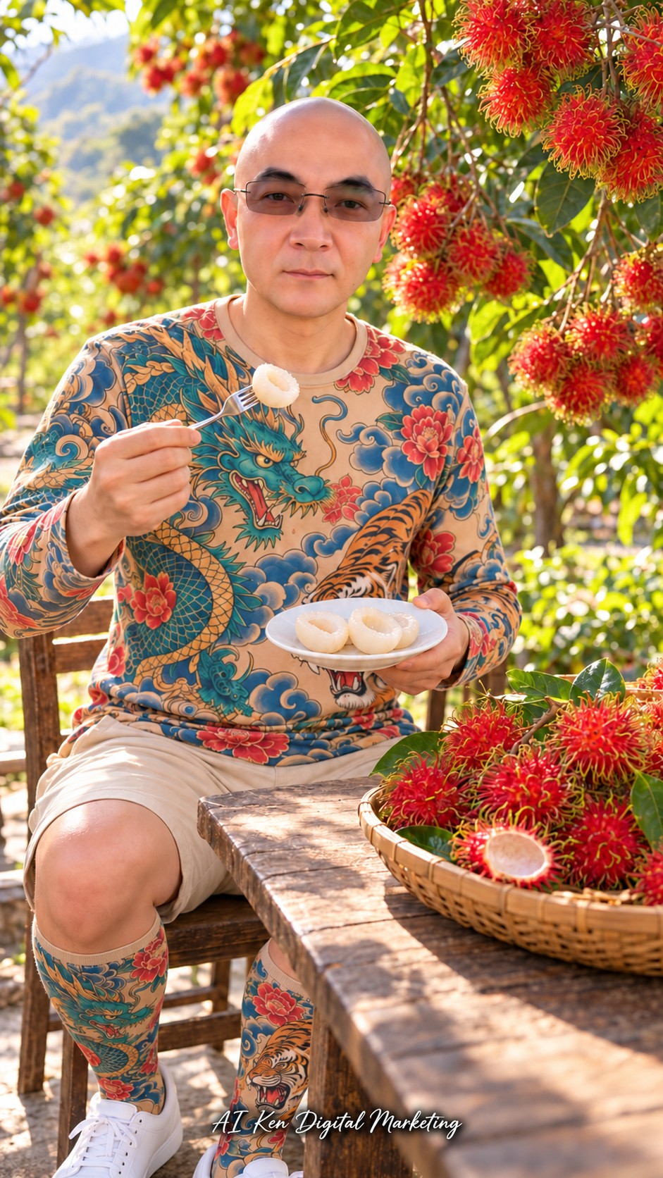 AI Ken holding a fork with prepared white rambutan flesh and a plate of deseeded pieces