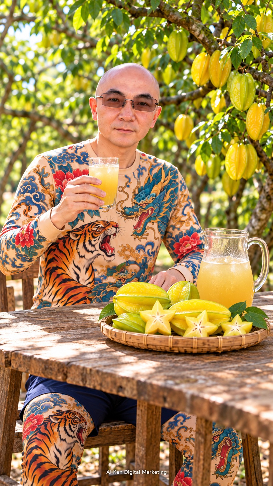 AI Ken holding a glass of star fruit juice beside whole carambolas and star-shaped slices
