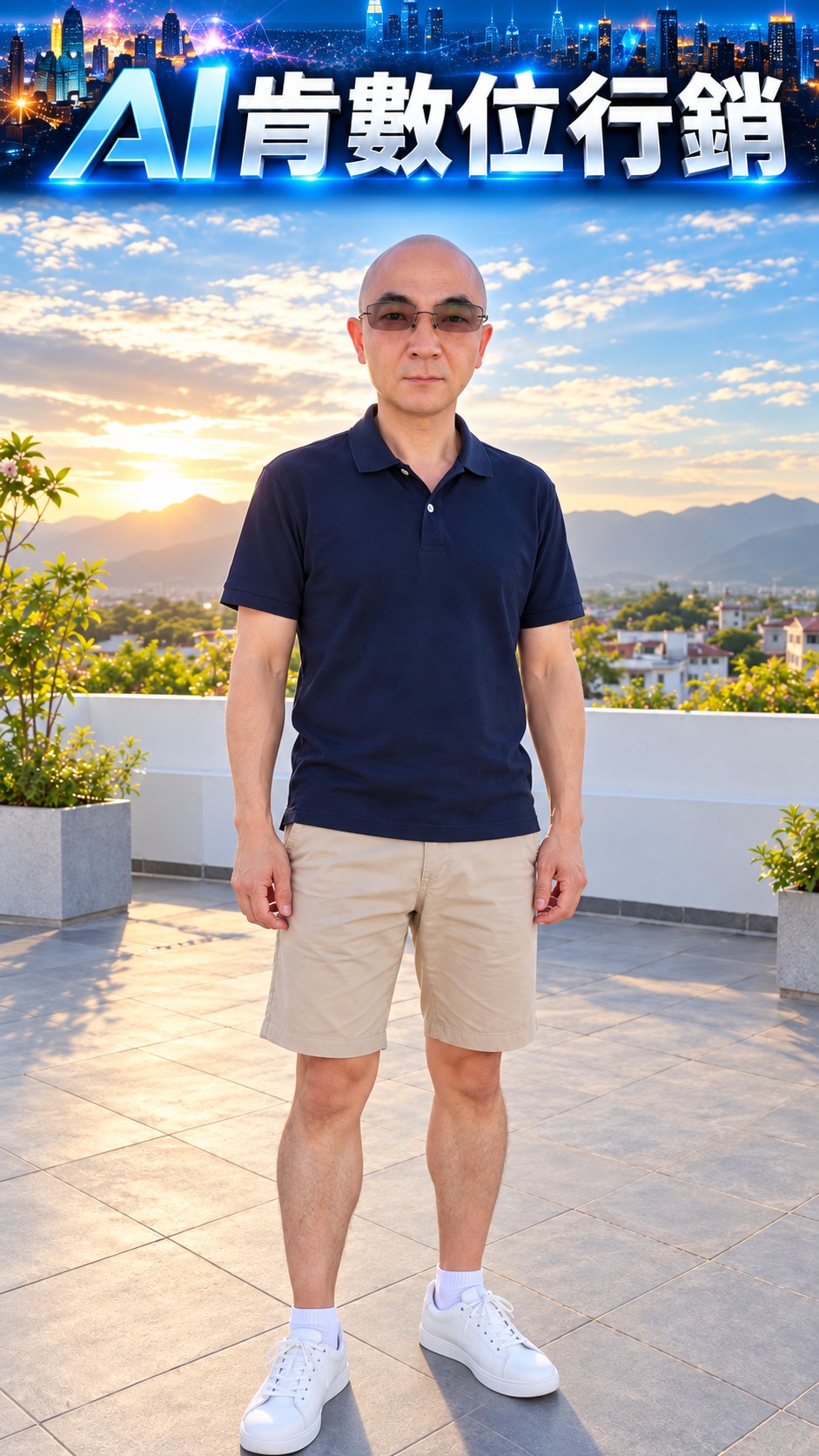AI人物穿著深藍色短袖上衣、卡其短褲與白色鞋襪的日常休閒造型