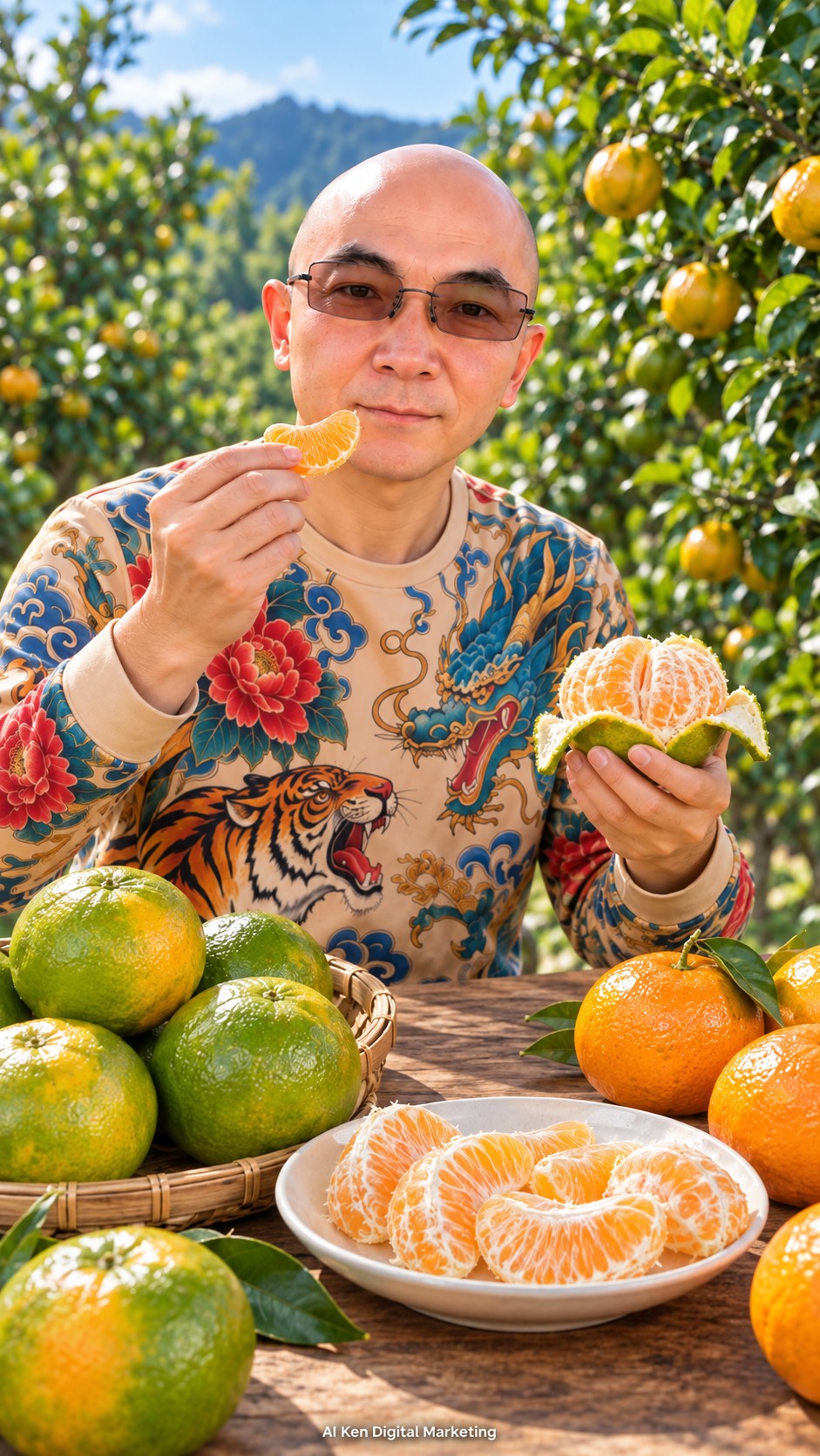 AI Ken presenting an orange Ponkan segment and a peeled green-skinned mandarin beside a plate of fresh citrus segments
