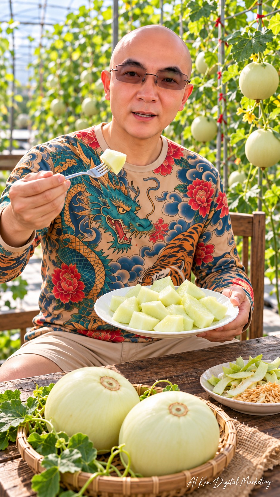 AI Ken tasting peeled Meinong melon pieces with the thin skin and central seeds removed