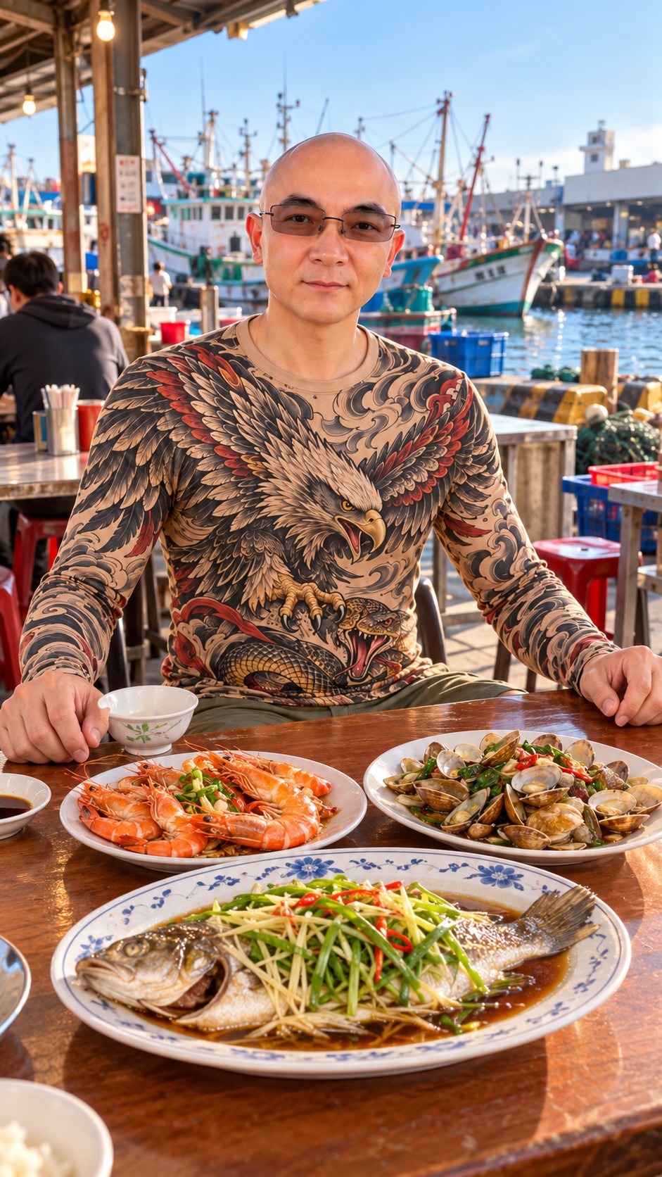 AI Ken seated beside steamed fish, cooked prawns, and clams in a harbor seafood dining scene