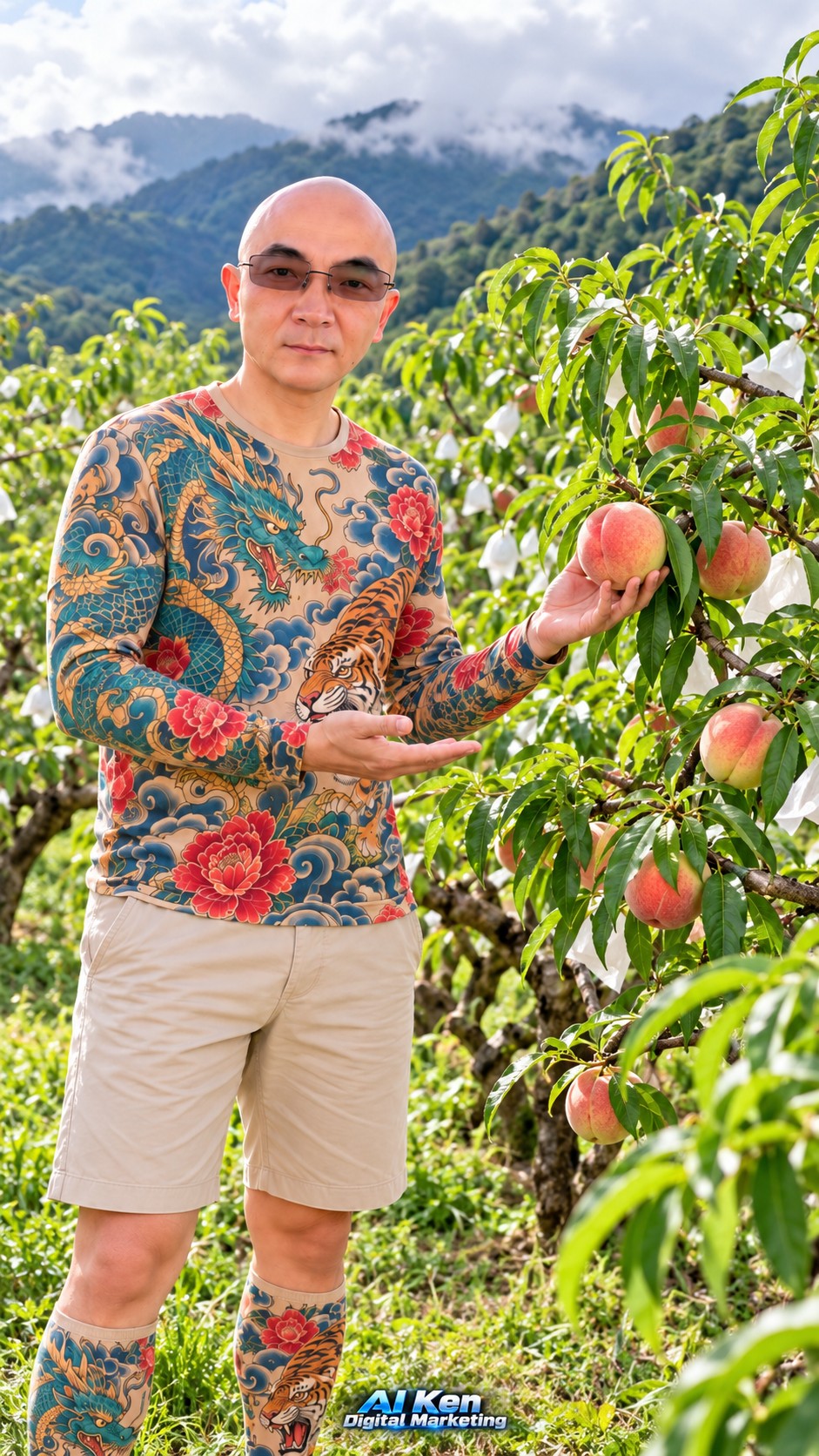 AI Ken introducing peaches on a fruiting branch in an orchard with mountain scenery