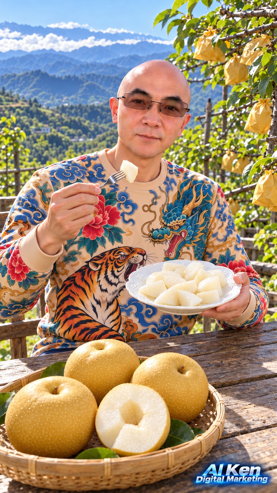 AI Ken tasting peeled highland pear flesh with mountain scenery behind the orchard