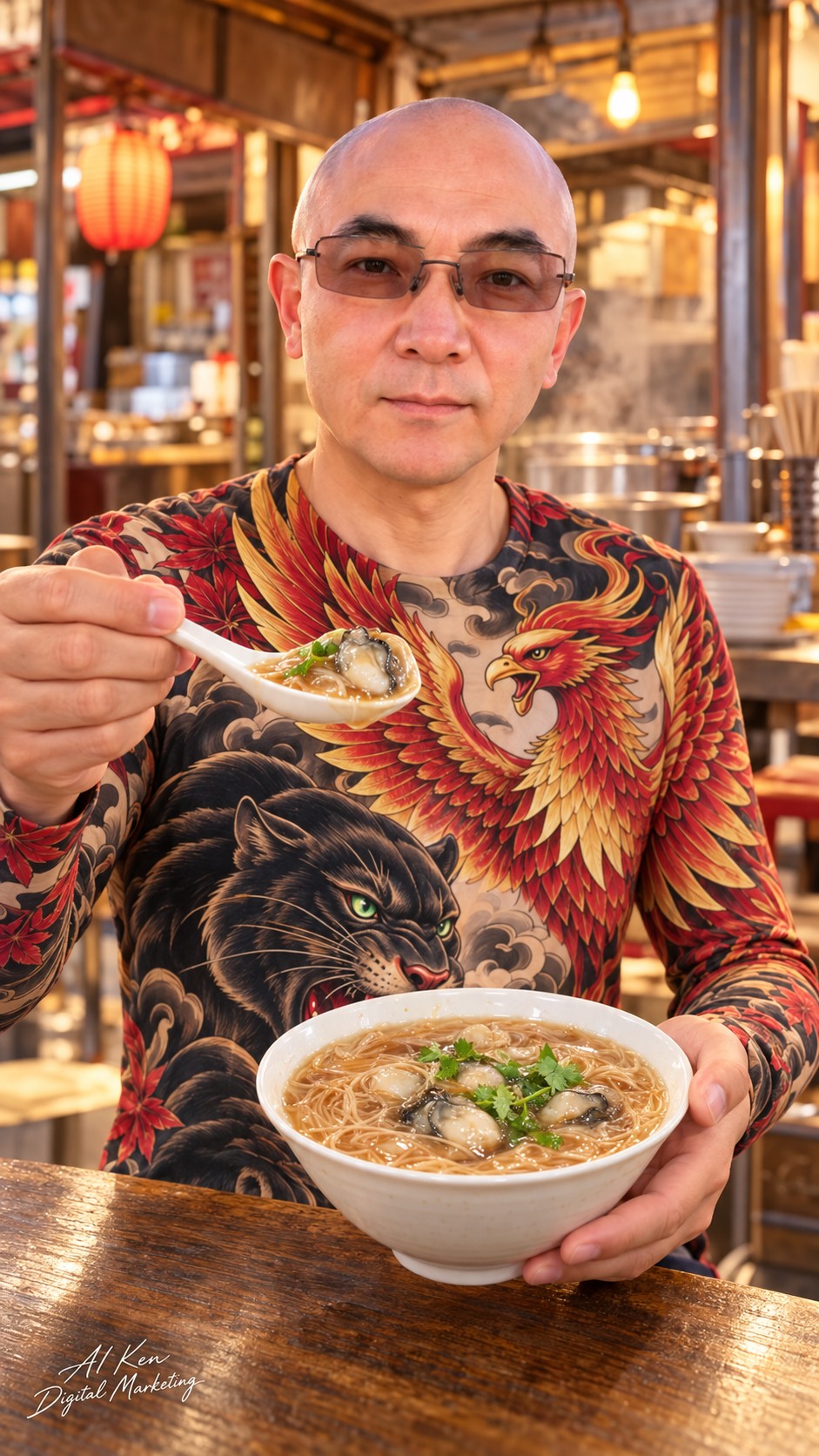 AI-generated host presenting a spoonful of cooked oyster, fine noodles and soup beside a bowl of oyster mee sua