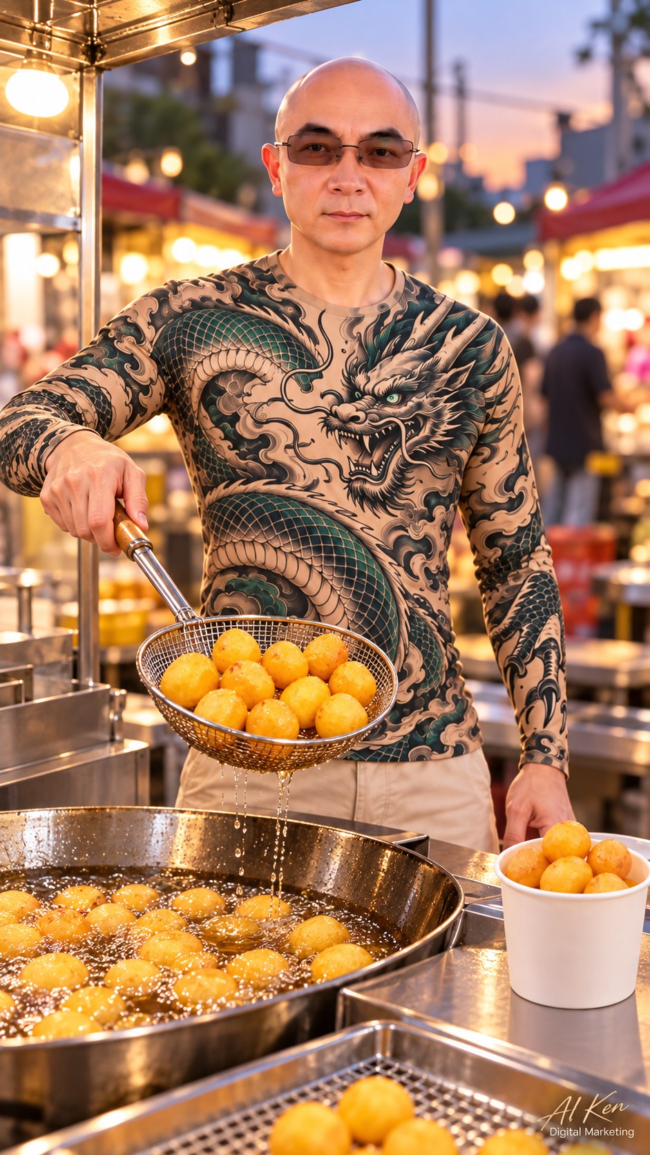 Close-up of golden Taiwanese sweet potato balls with a cut-open example showing an airy center