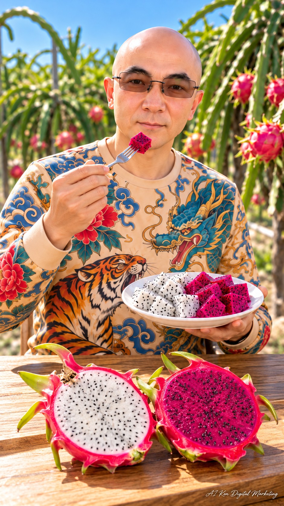AI Ken holding a red dragon fruit piece on a fork beside a plate of red and white dragon fruit cubes
