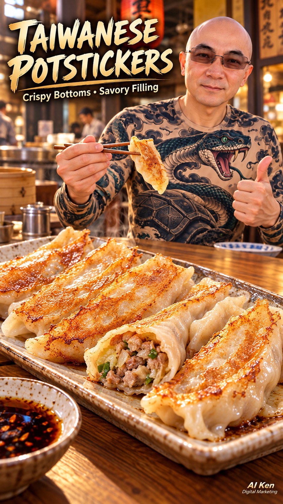 AI Ken presenting golden Taiwanese potstickers on a spatula above a griddle