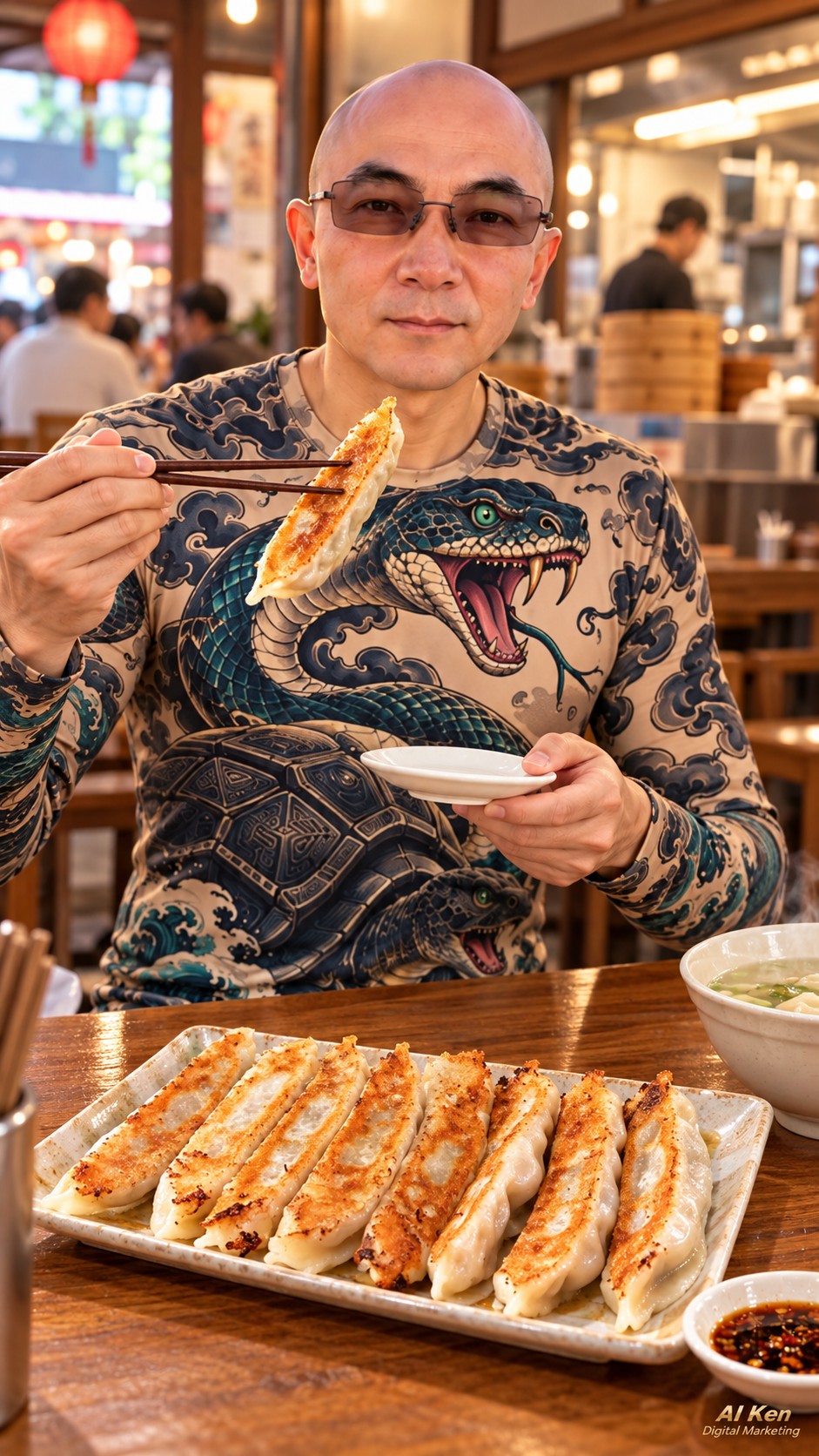 AI Ken holding a golden Taiwanese potsticker with chopsticks before tasting