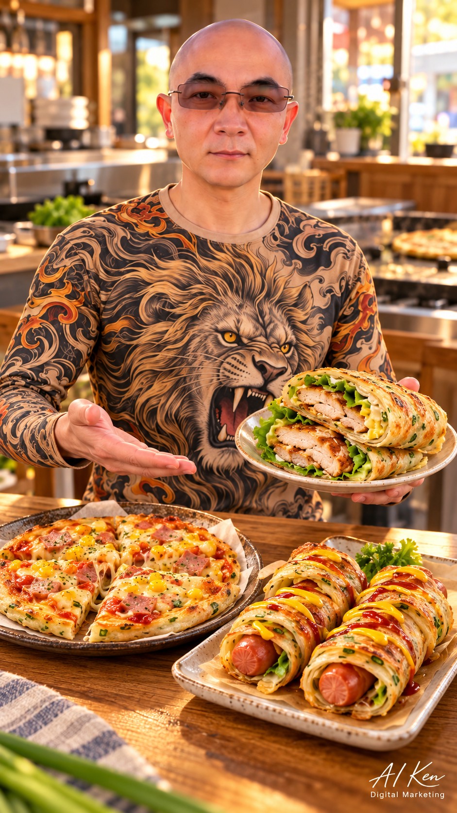 Creative scallion pancake dishes including chicken lettuce wraps, pancake pizza and hot dog rolls