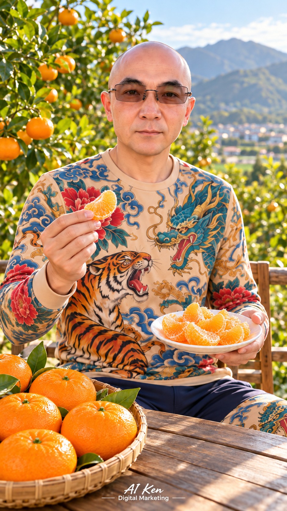 AI Ken presenting a peeled Murcott segment and a plate of prepared citrus flesh