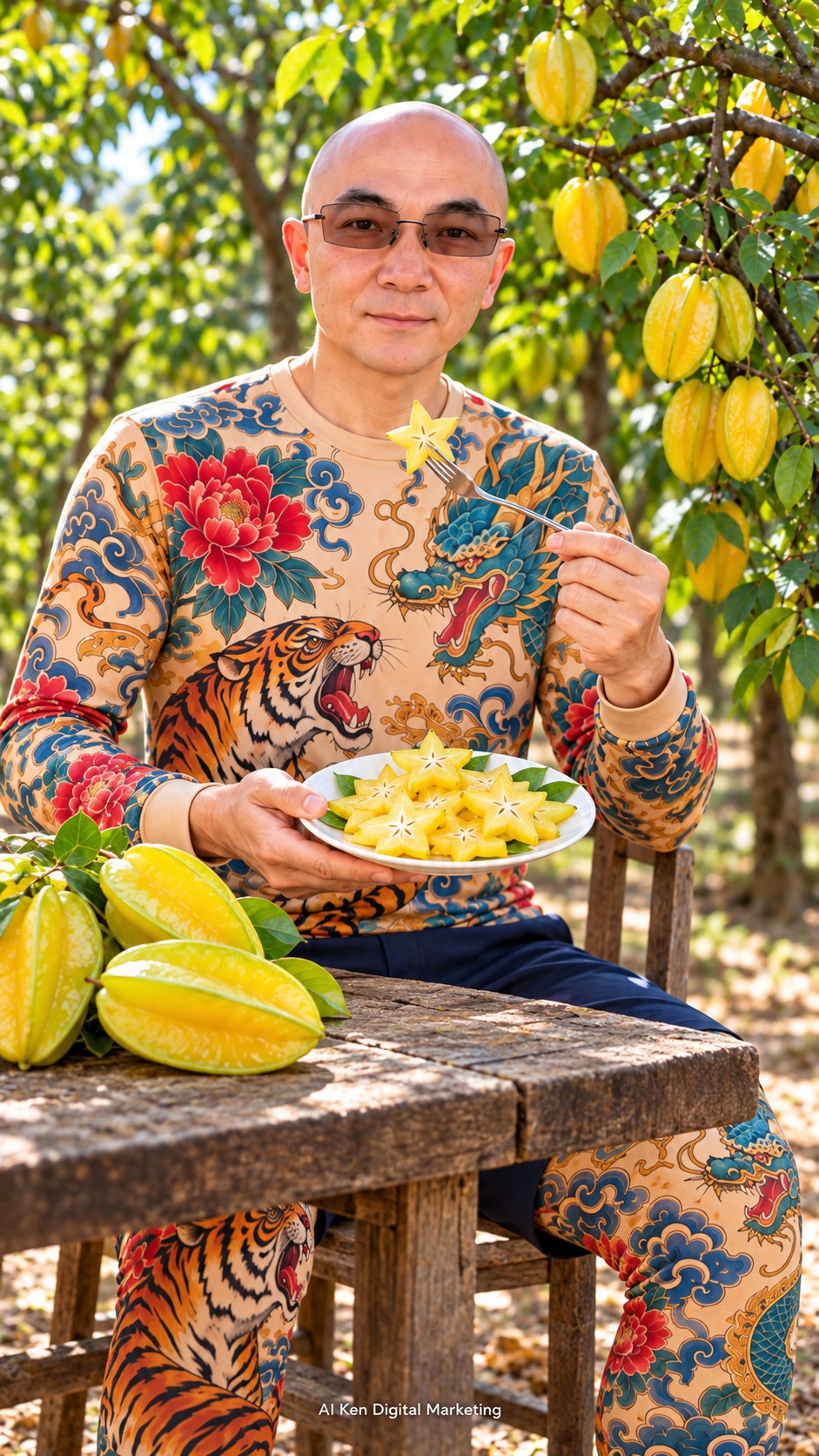 AI Ken holding a plate of prepared star-shaped carambola slices and a small slice on a fork