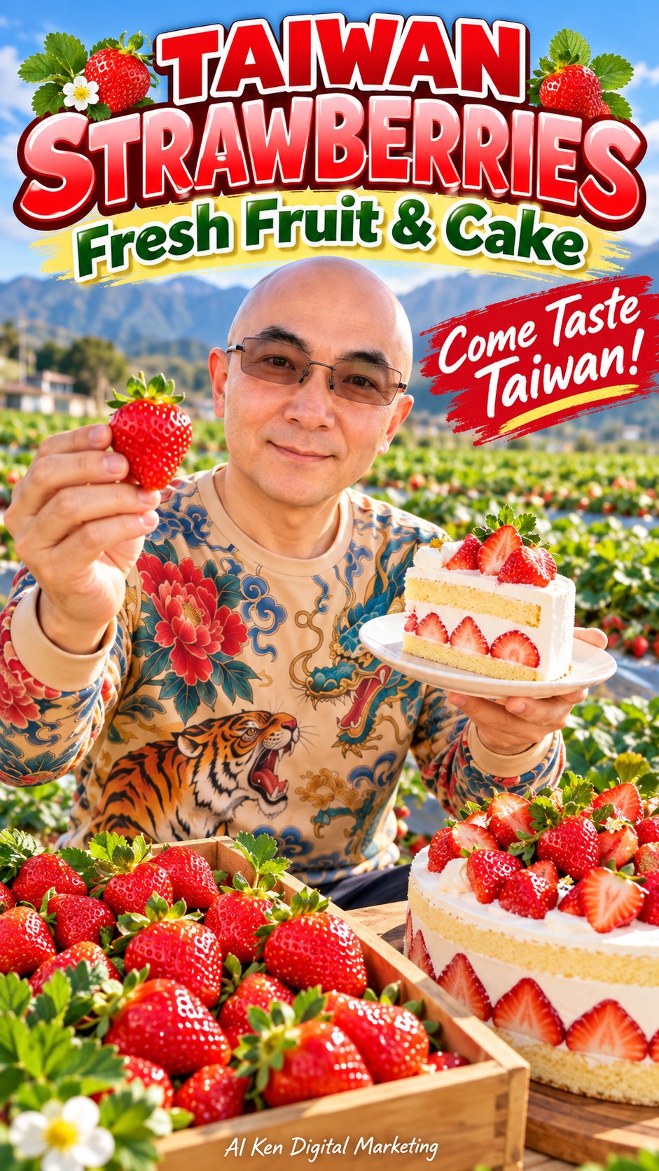 Taiwan Strawberries thumbnail featuring AI Ken, fresh red strawberries, and strawberry cream cake