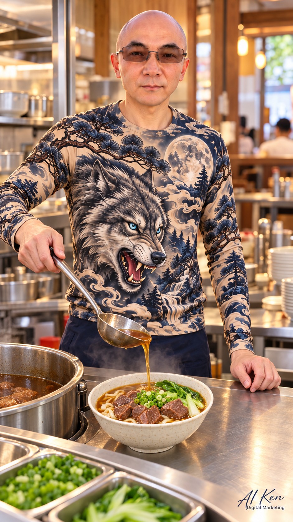 Lifting wheat noodles from a bowl of Taiwanese beef noodle soup with braised beef and bok choy