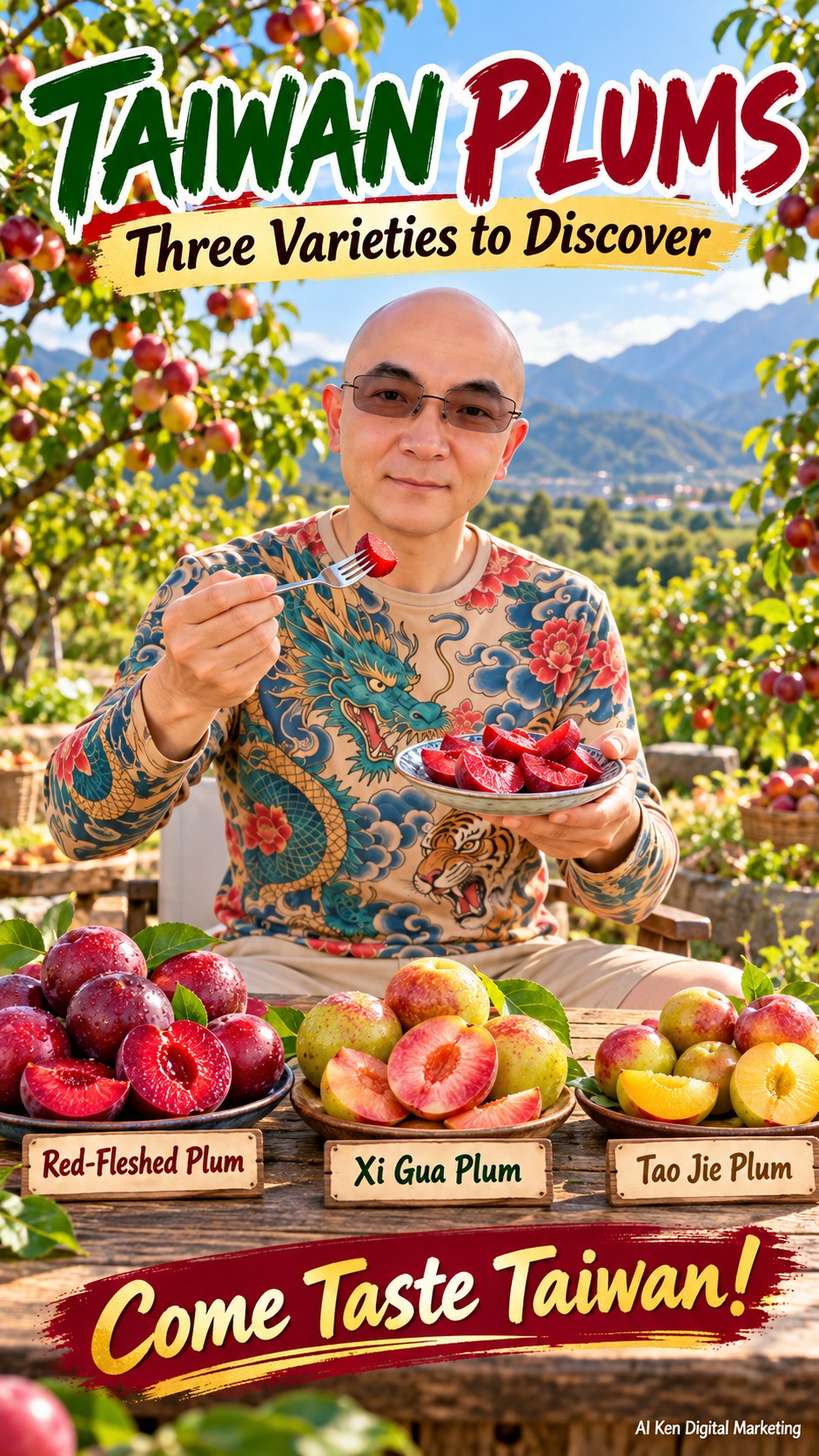 Taiwan plums introduction featuring red-fleshed, rosy-fleshed Xi Gua and yellow-fleshed Tao Jie plum examples