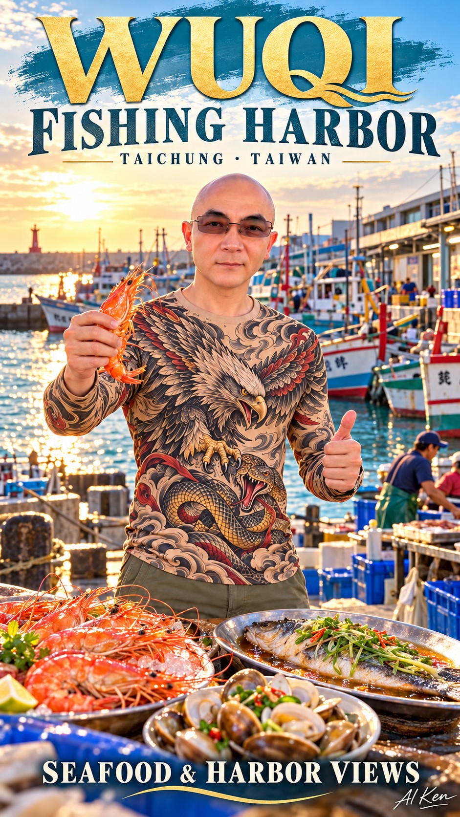 Wuqi Fishing Harbor travel cover featuring AI Ken, seafood dishes, and fishing boats in Taichung, Taiwan