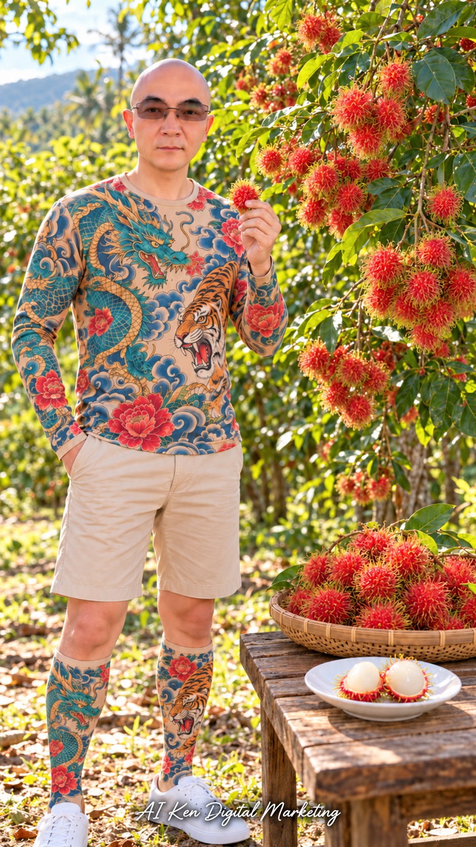AI Ken introducing whole red rambutan beside a tree bearing clusters of fruit