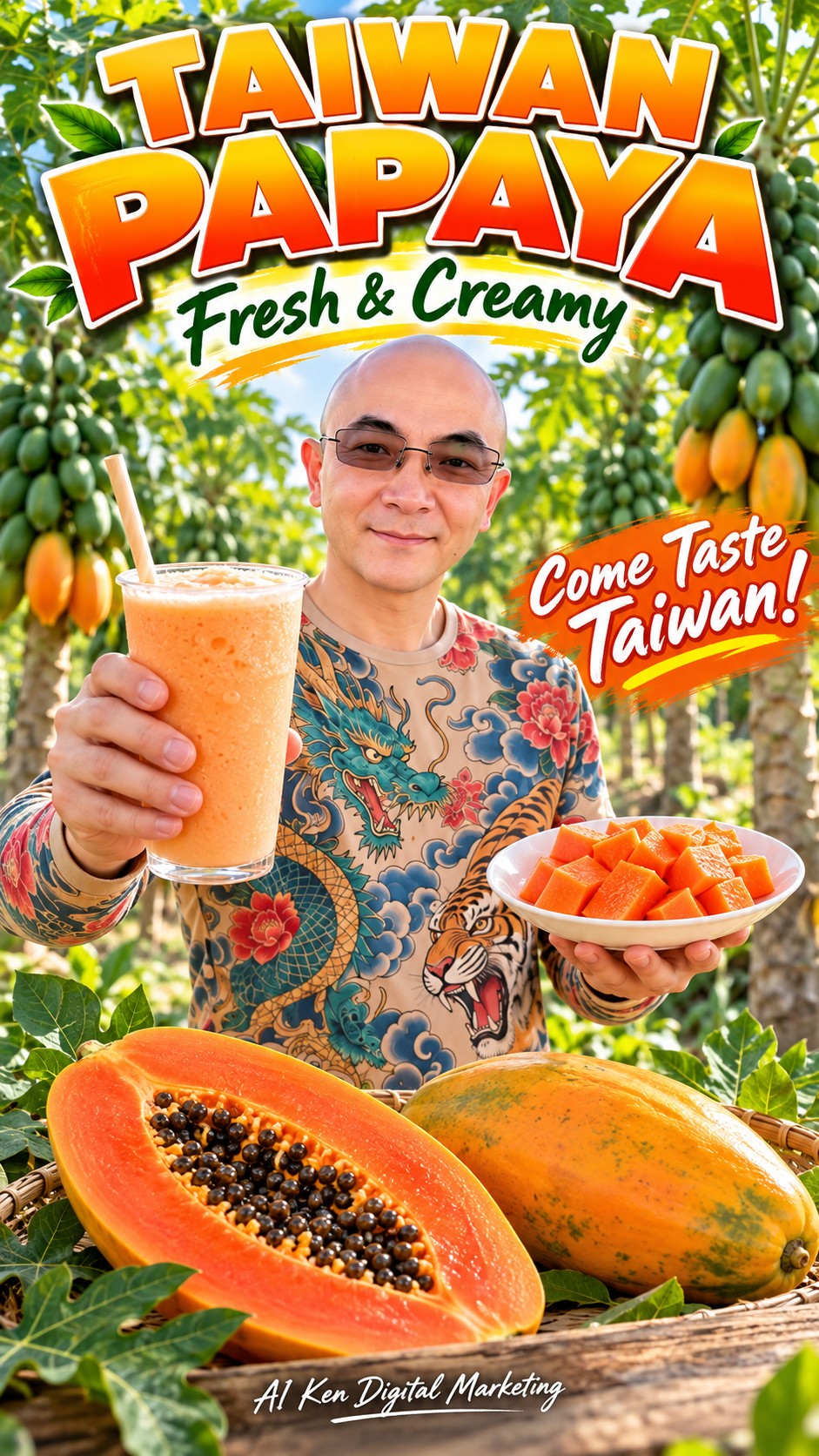 Taiwan Papaya thumbnail featuring AI Ken, fresh orange papaya pieces, and a glass of papaya milk