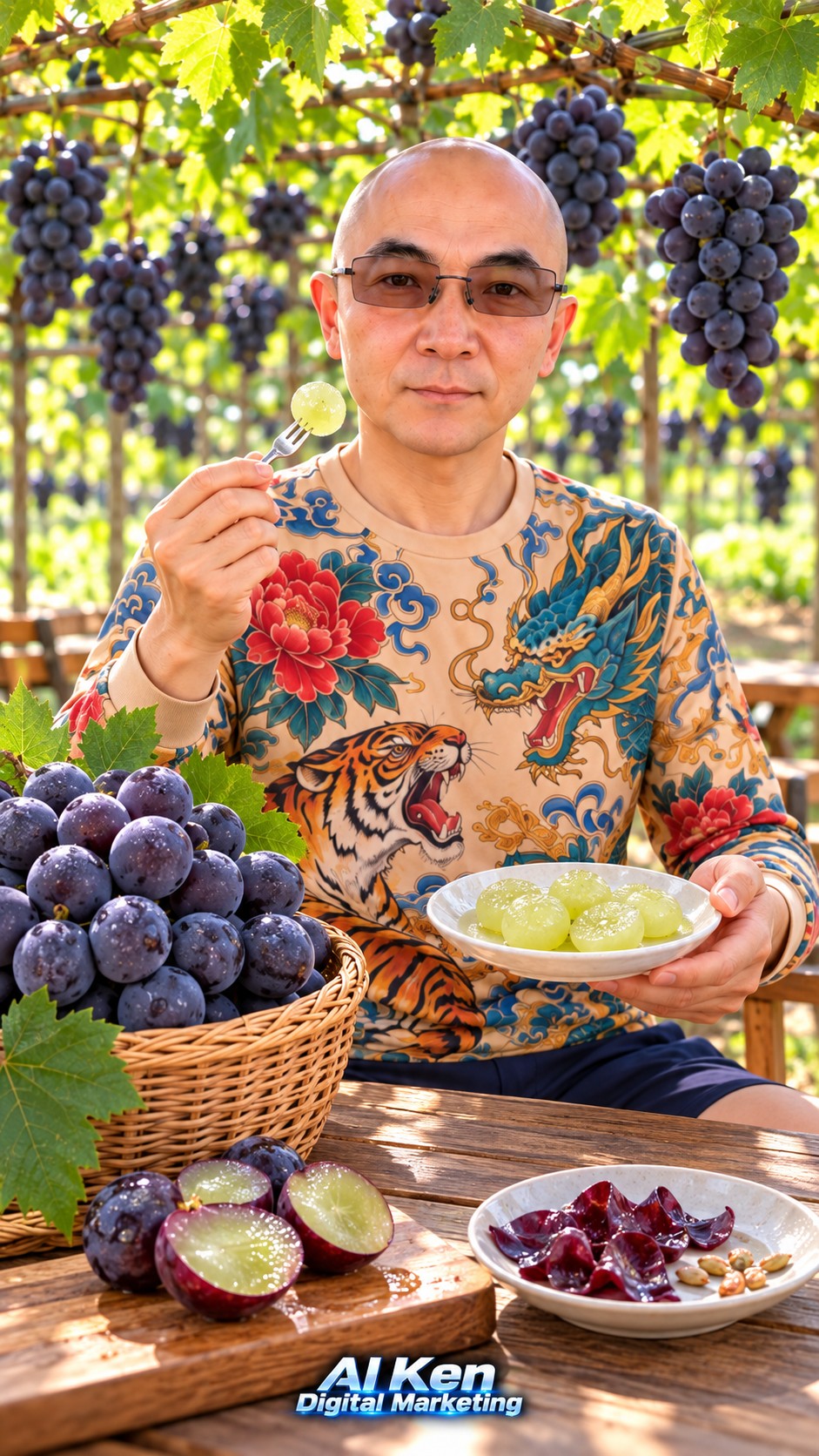 AI Ken tasting peeled Kyoho grape flesh with skins and seeds removed before serving