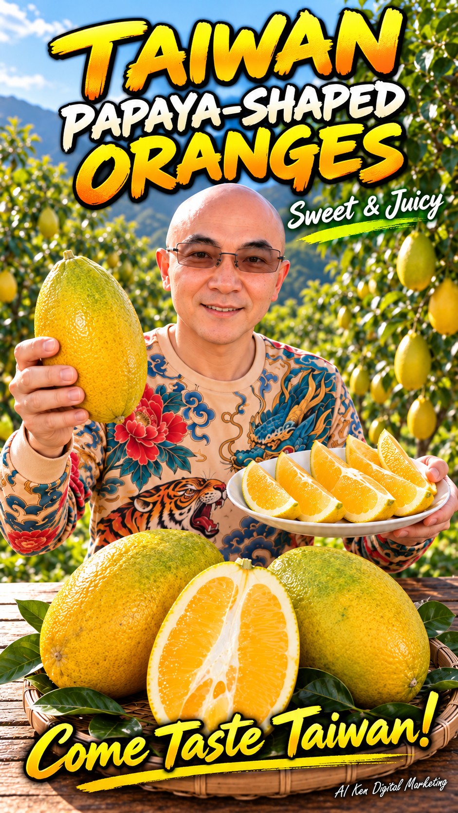 Taiwan Papaya-Shaped Oranges thumbnail featuring AI Ken, large oval citrus fruit, and golden orange wedges