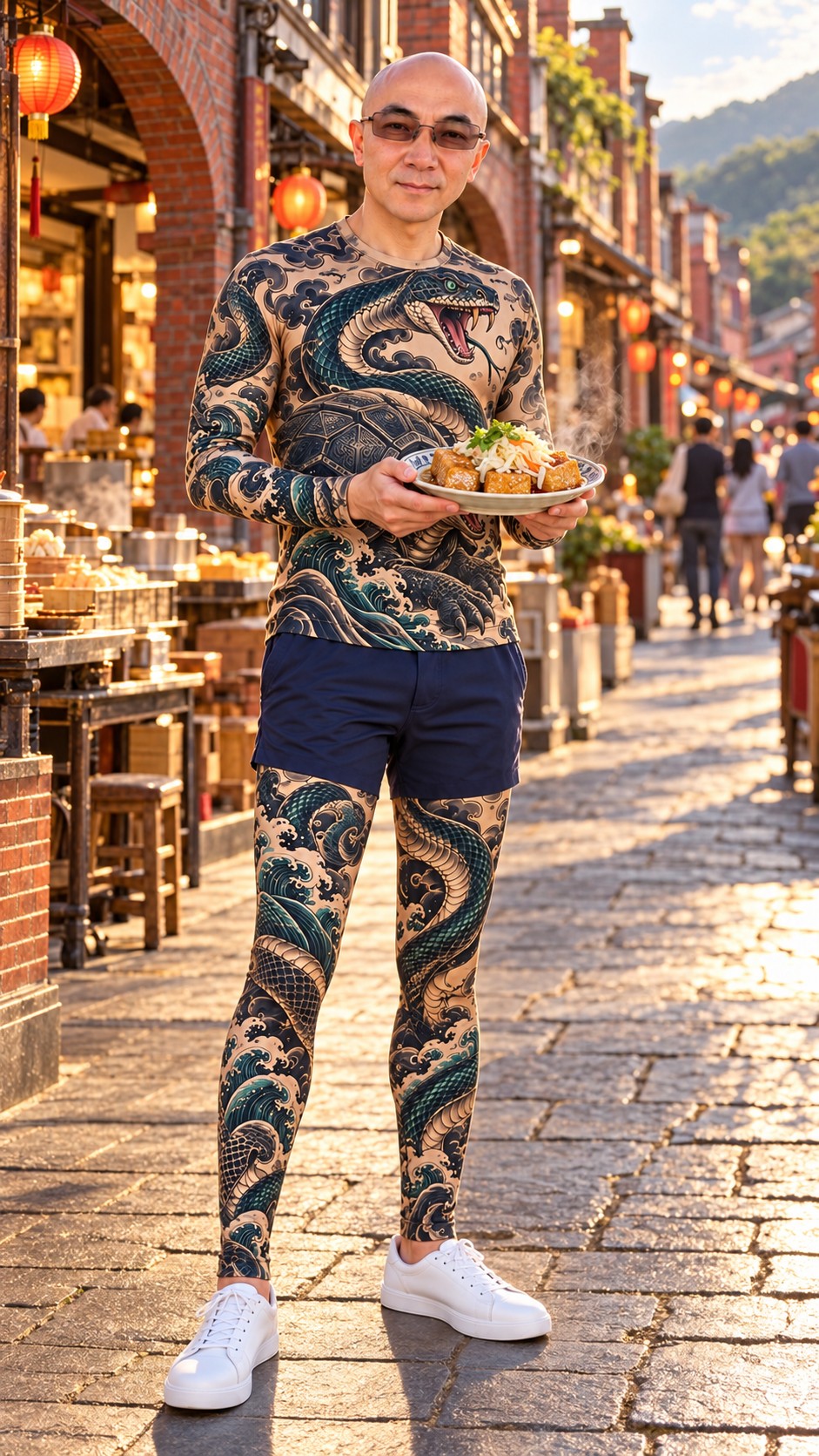 AI Ken presenting golden stinky tofu with pickled cabbage in a Shenkeng Old Street travel scene