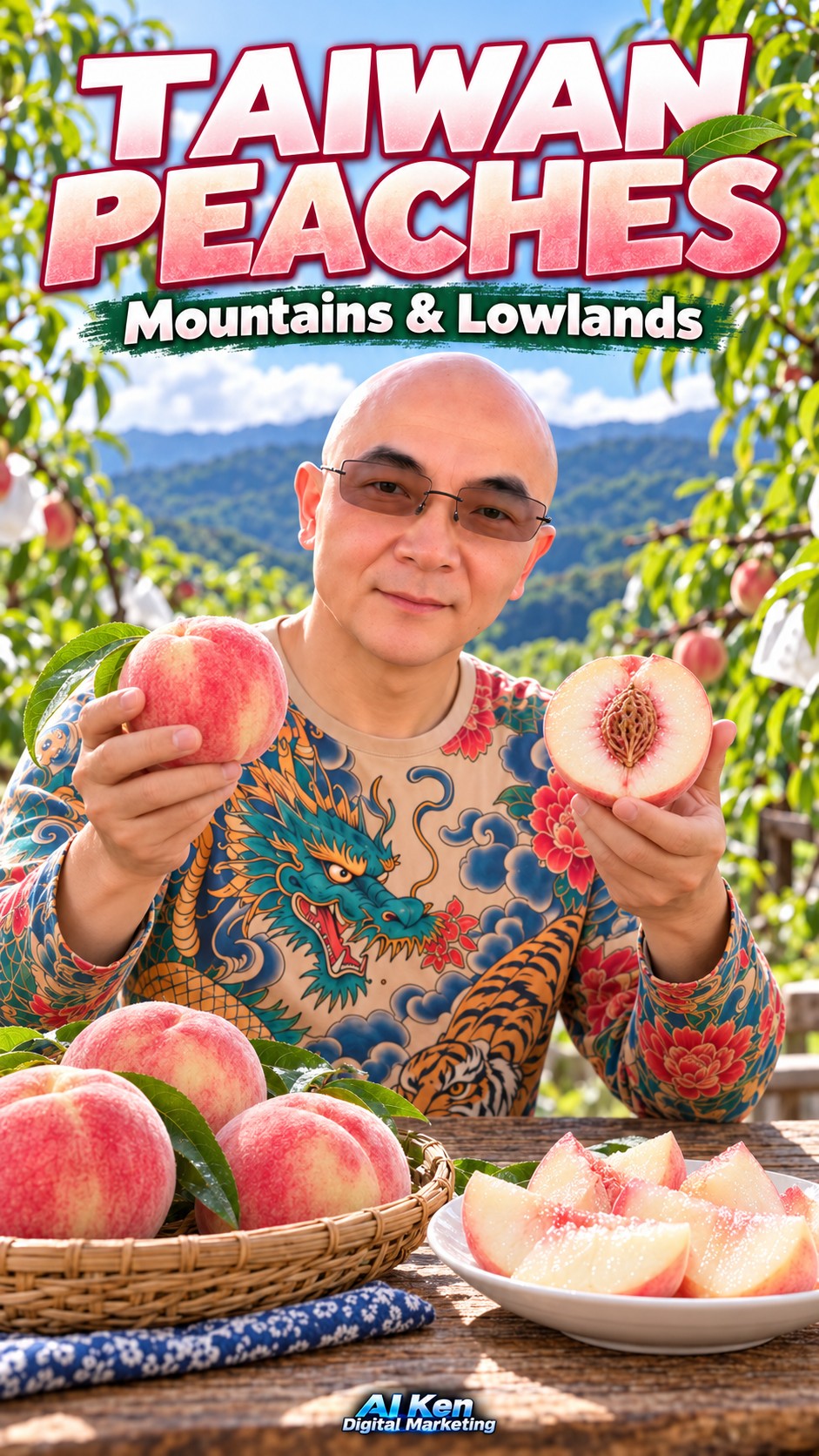 Taiwan Peaches Mountains and Lowlands thumbnail featuring AI Ken with whole peaches and white-fleshed peach halves